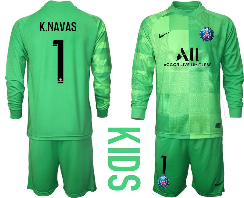 Youth 2021-2022 Club Paris St German green goalkeeper long sleeve #1 Soccer Jersey